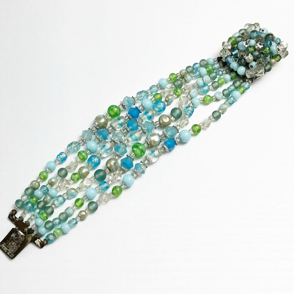 Mid-Century Vintage Blue & Green Beaded Bracelet - Picture 2 of 9